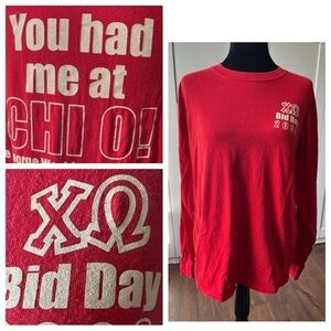 Women’s Chi Omega Sorority XO Bid Day Long Sleeve Red T-Shirt Size Medium